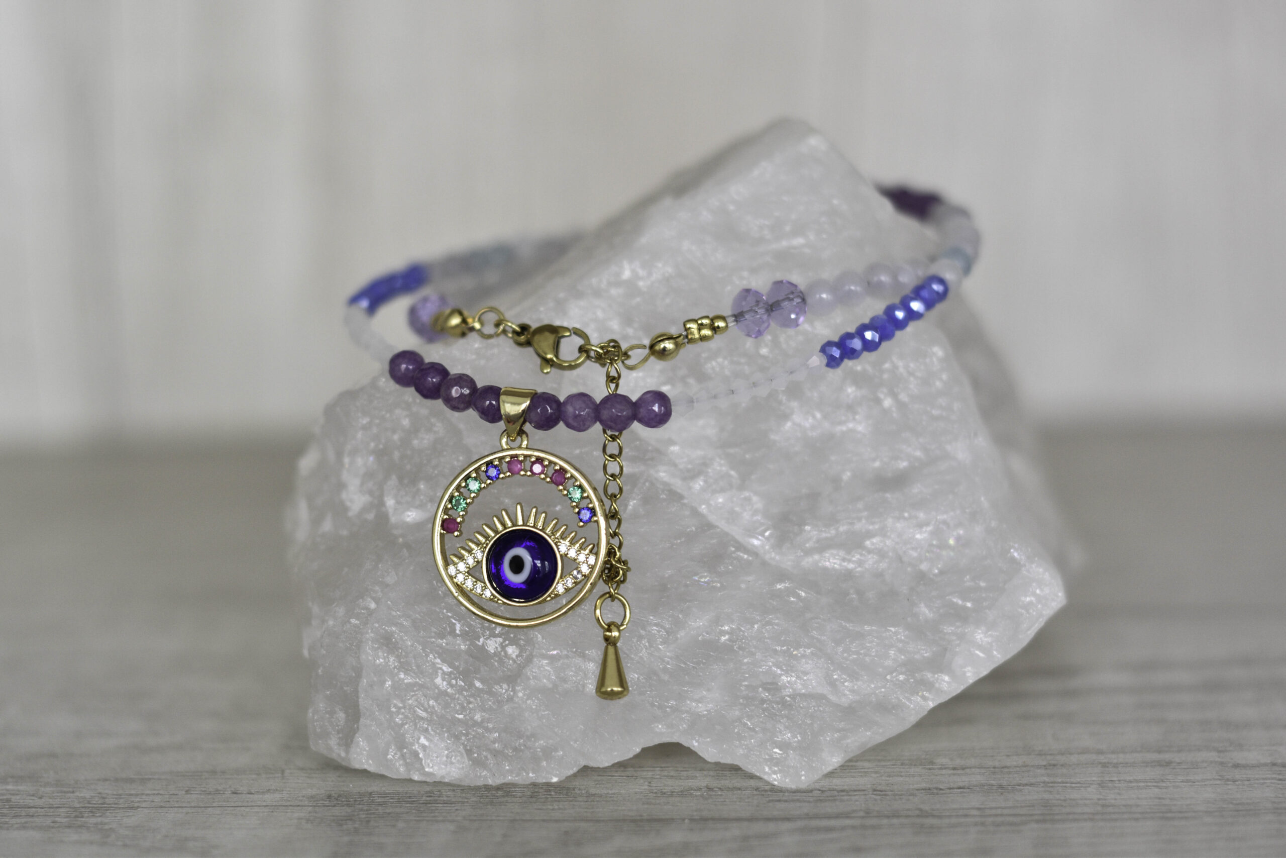 🧿 Gargantilla “Mirada Cósmica” – Ojo Turco, Amatista, Cuarzo Rosa & Celestina 🧿